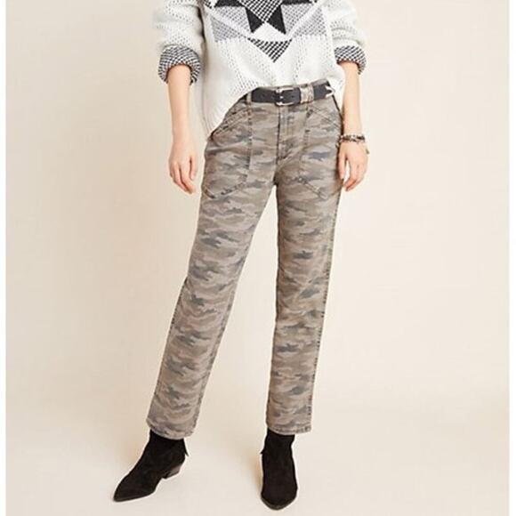 Anthropologie Women's Mavis Mid-rise Utility Pants Size 27 Camo Embroidered Boho - Picture 1 of 13